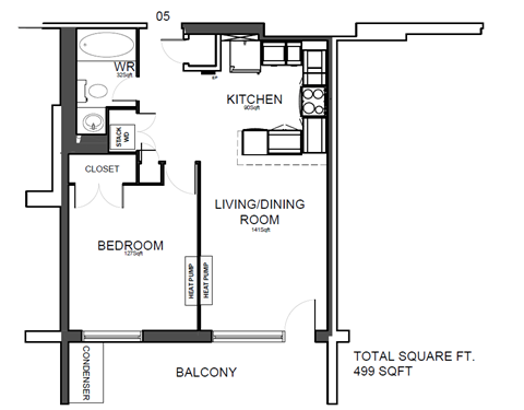 Floor plan for 1 bed, 1 bath